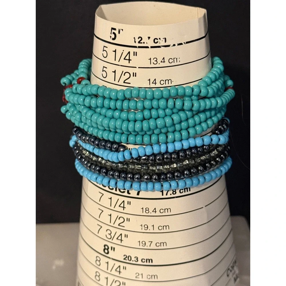 Boho Seed Bead Stretch Bracelet Set Turquoise Blue Gunmetal Metallic Stackable